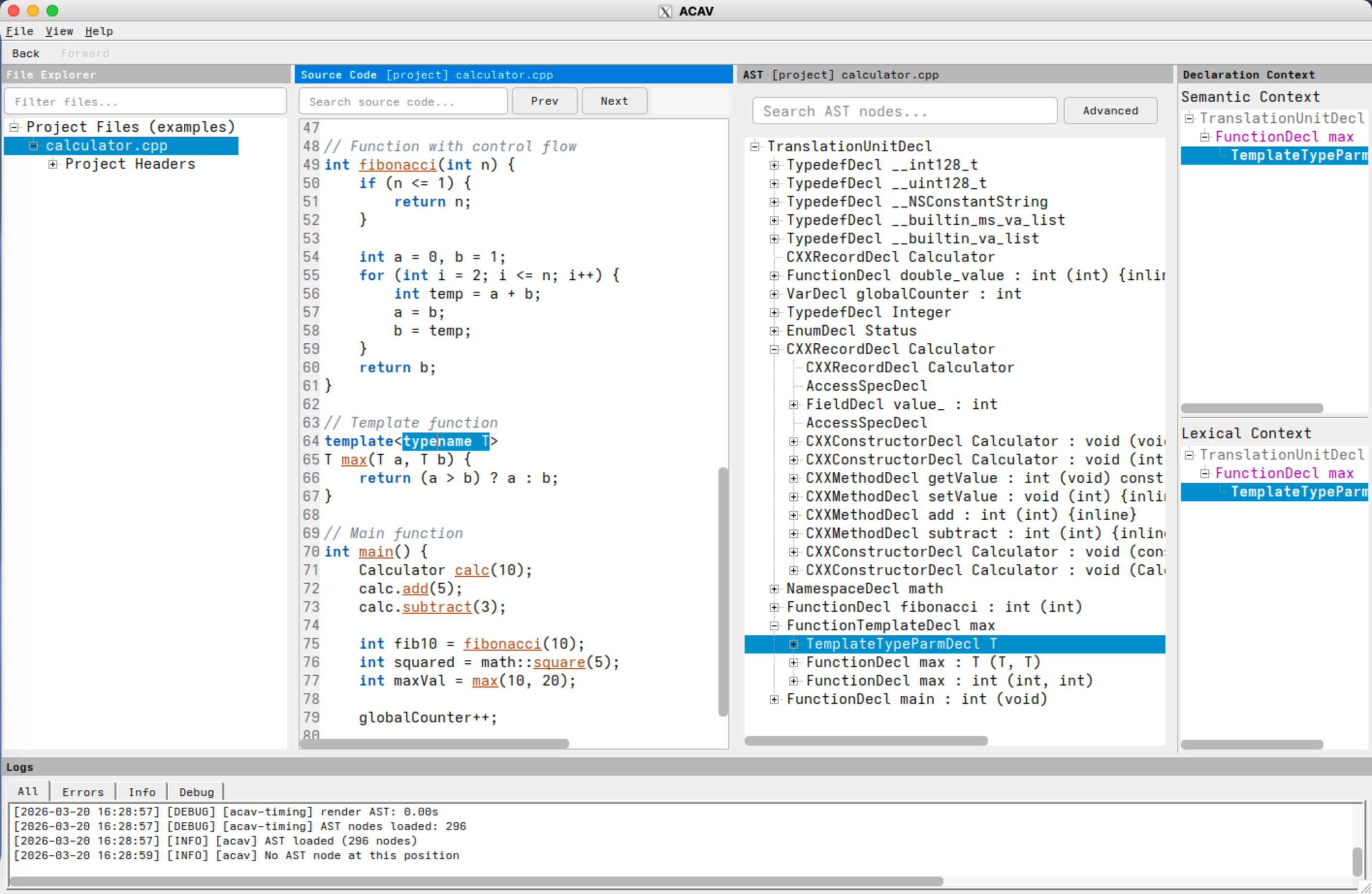 acav desktop application showing a Clang AST tree and source-code panes