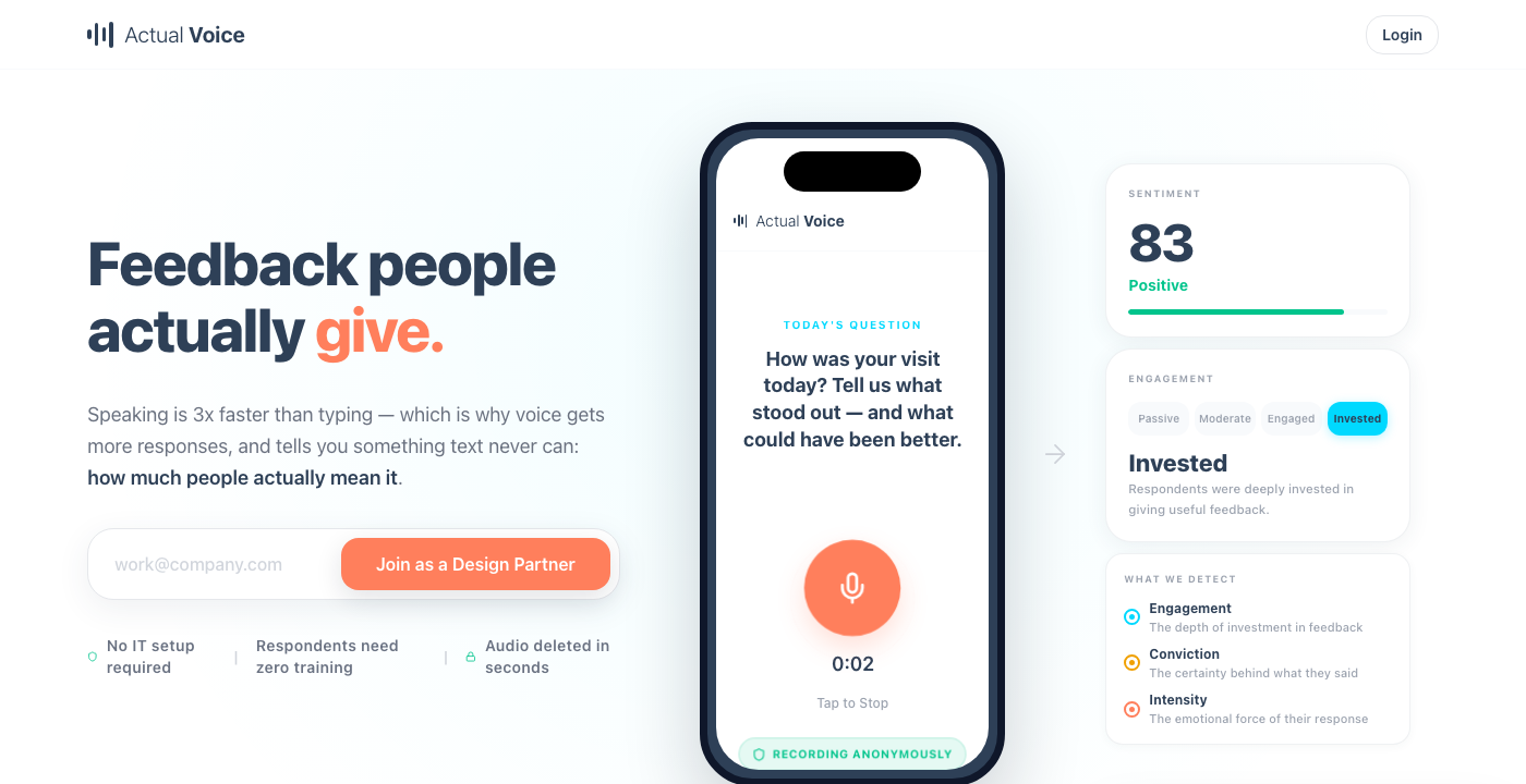 Actual Voice product preview for spoken feedback analytics