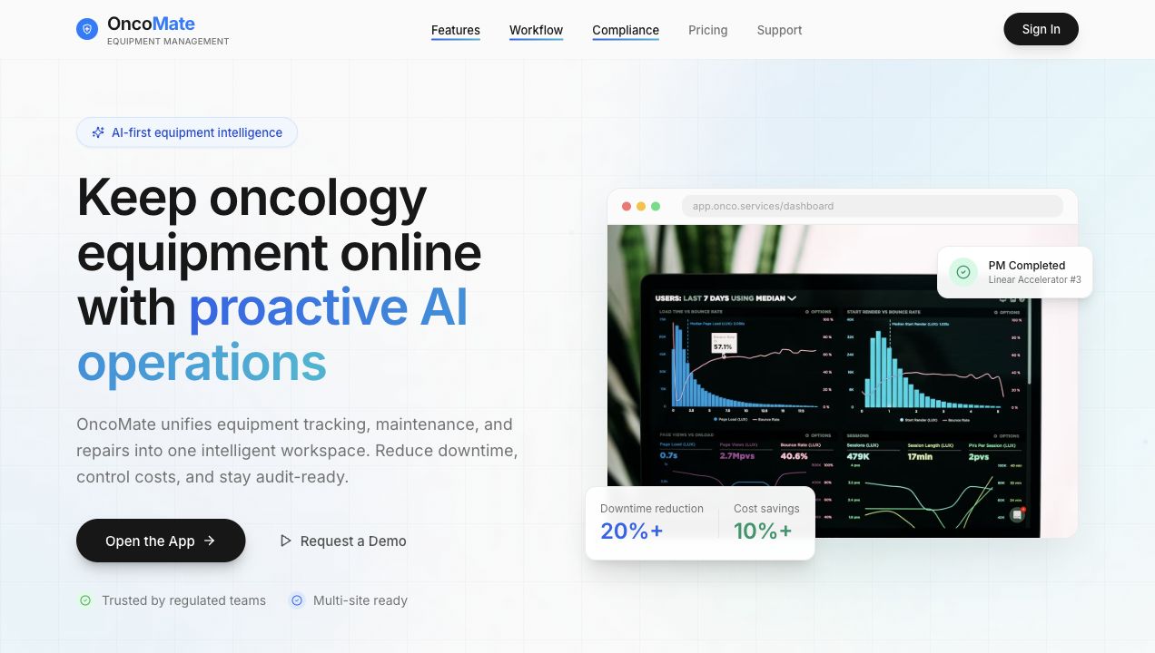 OncoMate product homepage showing AI equipment operations dashboard